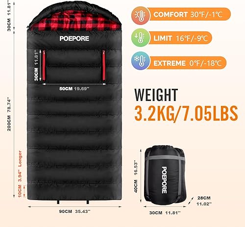 Miniatura 2 de POEPORE Saco de dormir de franela de algodón 0 grados para clima frío para adultos XXL saco de dormir portátil 4 estaciones impermeable con saco de