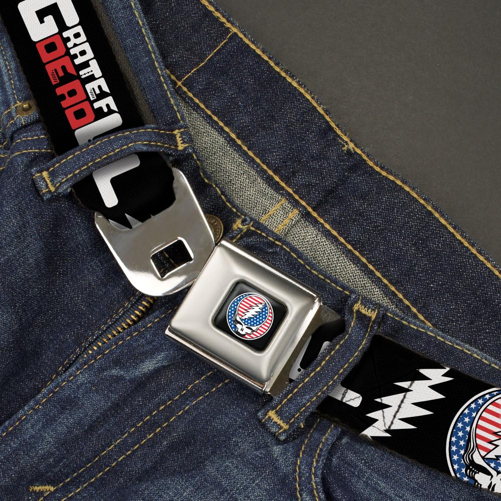 Grateful Dead Belt, Seatbelt Buckle Belt, Grateful Dead Text and Steal Your Face Stars and Stripes Logo, Youth 20 to 36 Inches