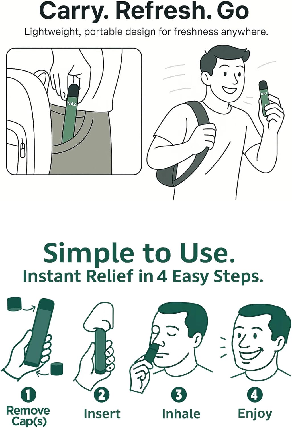 Naz Menthol Herbal Nasal Stick - Spearmint, Camphor, Eucalyptus Extracts w/Vapor Electric Nasal Inhaler for Aromatherapy, ICY Refreshing & Instant Focus Herbal Diffuser Pen - 3Pak - Image 6