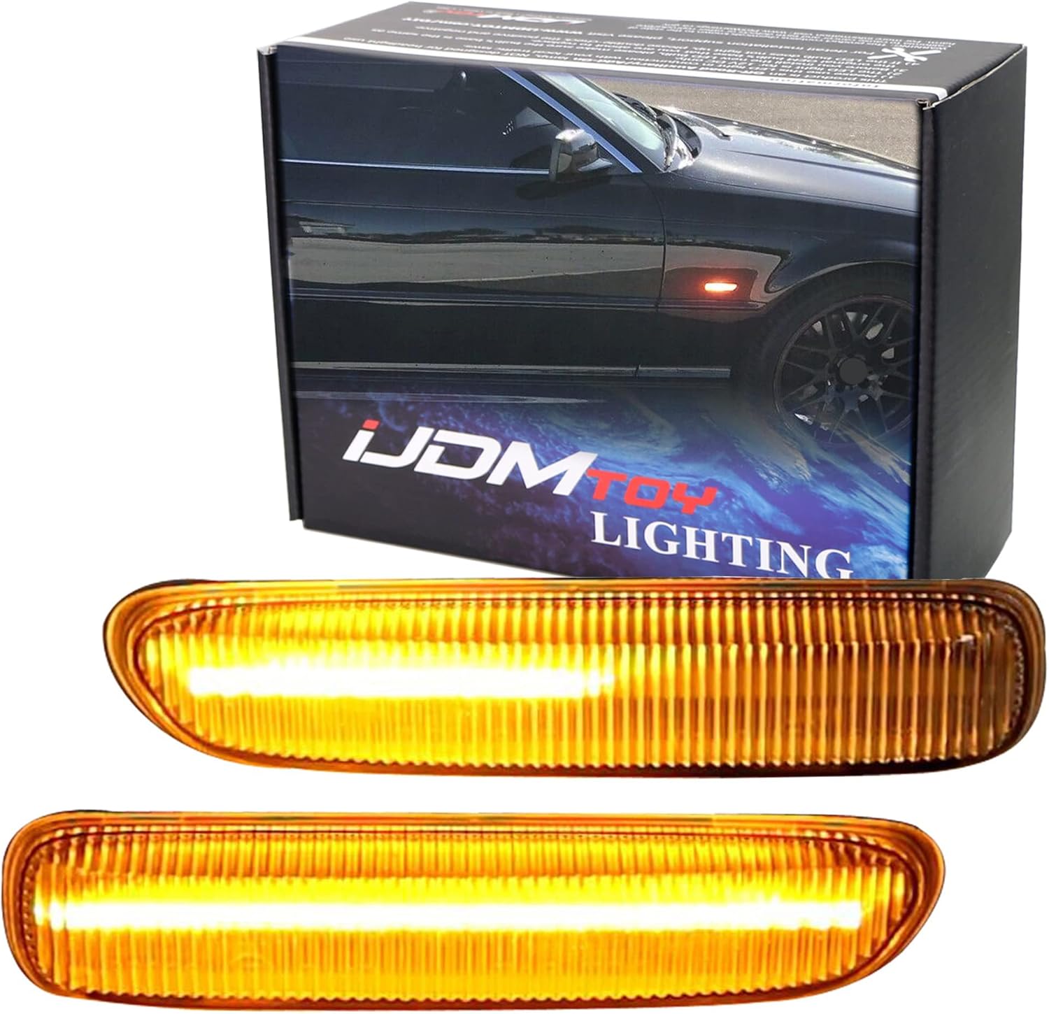 iJDMTOY Euro Clear Lens Amber Full LED Sequential Blink Front Side Marker Light Kit Compatible With BMW E46 1999-01 3 Series Sedan, 1999-03 3 Series Coupe, Replace OEM Amber/Clear Sidemarker Lamps