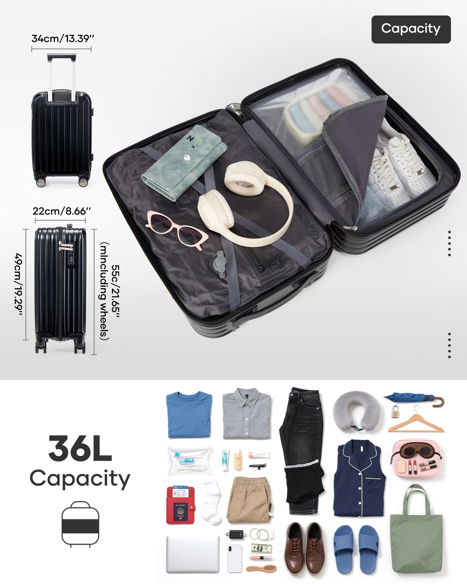 Valigia Sottovuoto,Trolley Bagaglio a Mano 55x40x20 Ryanair Easyjet,Con Sistema di Compressione a Vuoto Con Pompa,con 4 Ruote Rotanti e Lucchetto TSA e Borsa da Viaggio,Set Valigie,Nero