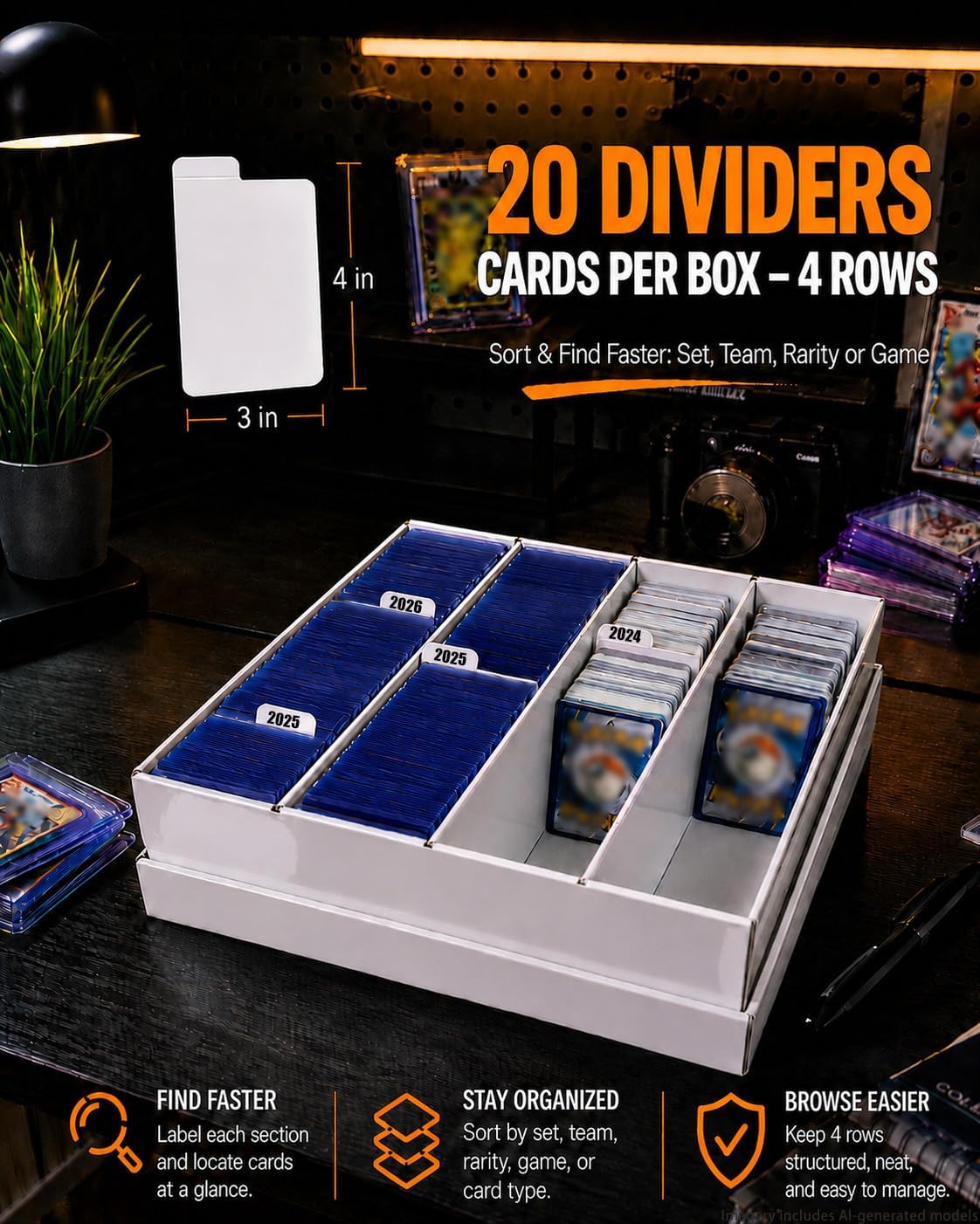 3 Pack 4 Row Trading Card Storage Box with Dividers, Fits 700+ Toploaders or 3800+ TCG Cards, Heavy Duty Double Wall Cardboard Card Storage Box for Bulk Card Storage,Sports,MTG&PKM Card Storage