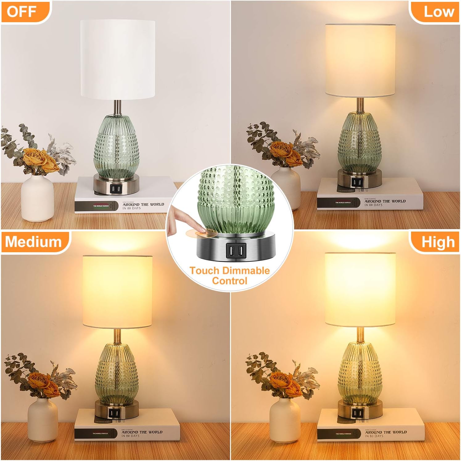 Touch Control Table Lamp, 3 Way Dimmable Nightstand Lamp with 2 USB Charging Ports, Green Glass, Silver Base, Fabric Shade Desk Reading Light for Bedroom Living Room, LED Bulb Included