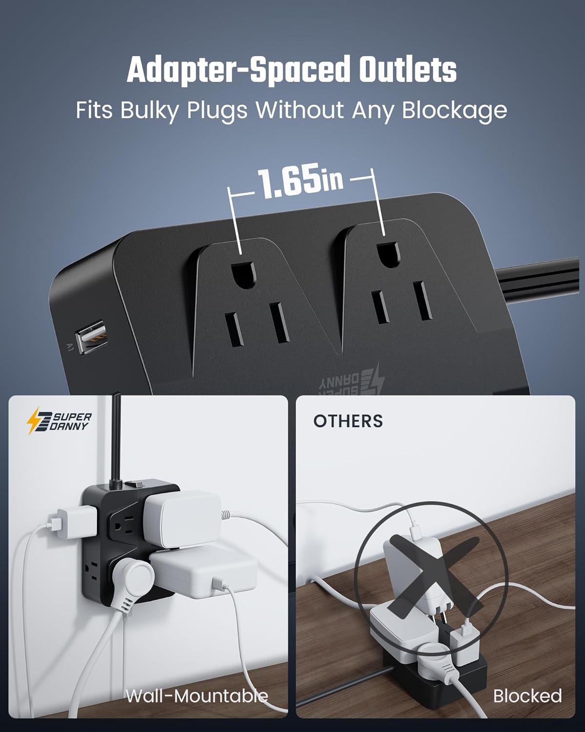 SUPERDANNY LED Desk Lamp + 35W Power Strip Surge Protector, 6ft Flat Plug Extension Cord (13A/1625W) with 8 Wide Outlets & 4 USB Ports(2 USB-C), Wall Mountable, 1050J Desk Charging Station for Home