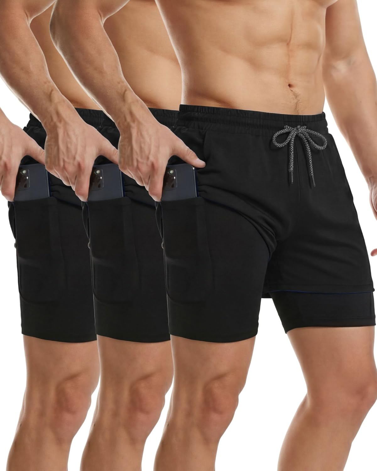 Sureio 3 Pcs Men's 2 in 1 Workout Running Shorts 5 Inch Quick Dry Athletic Gym Shorts with Liner and Side Pockets Towel Loop