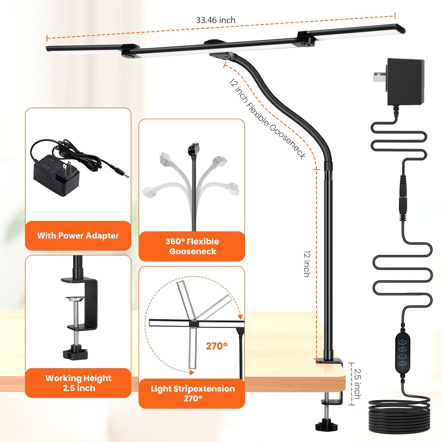 LED Desk Lamp for Office Home, 3 Light Bar Adjustable Desk Light with Clamp, Architect Table Lamp Computer Monitor Lighting, Stepless Dimming Eye-Caring Clip on Light for Workbench Reading Study Black