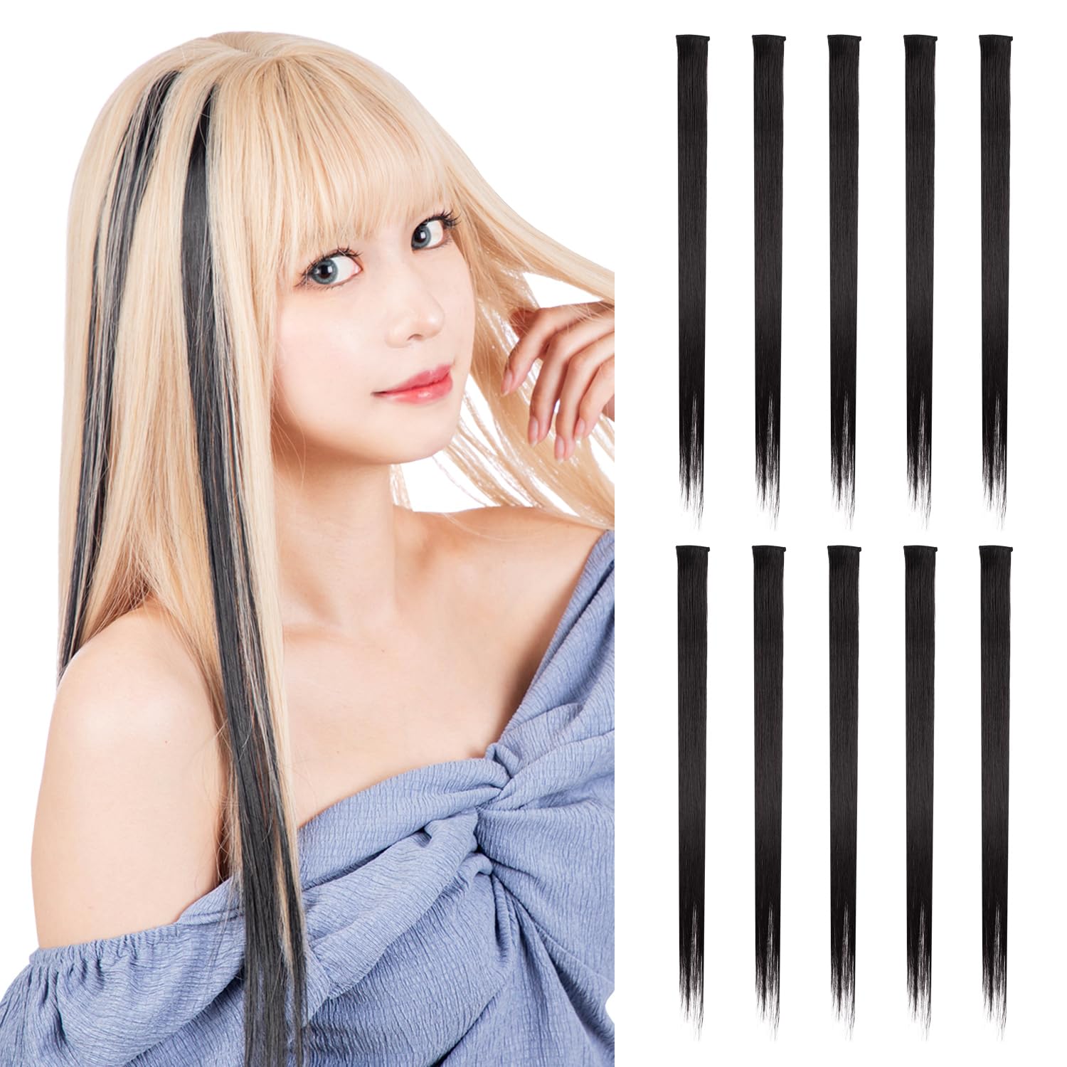 CLASSE 10Pcs Clip in colored hair extensions, 22inches colorful Party Highlights, Heat-resistant, Straight long, for Women Kids Girls, Perfect for Halloween Christmas Cosplay Black