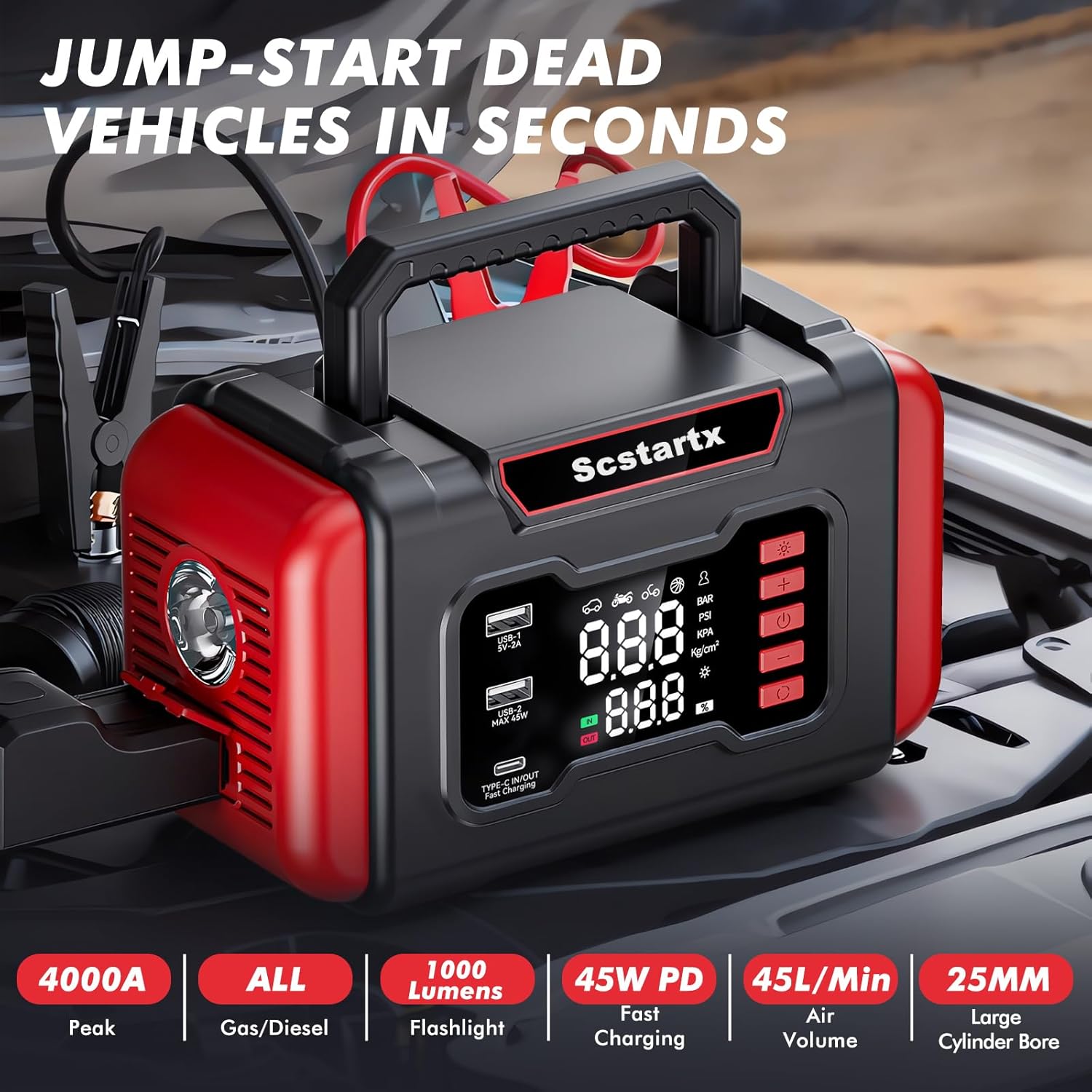 Portable Car Jump Starter Air Compressor, 4000A Peck 150 PSI Cordless Tire Inflator Battery Pump Rechargeable 12 Volt, Air Pump for Auto, Motorcycle, Bicycle, Balls with LED Light