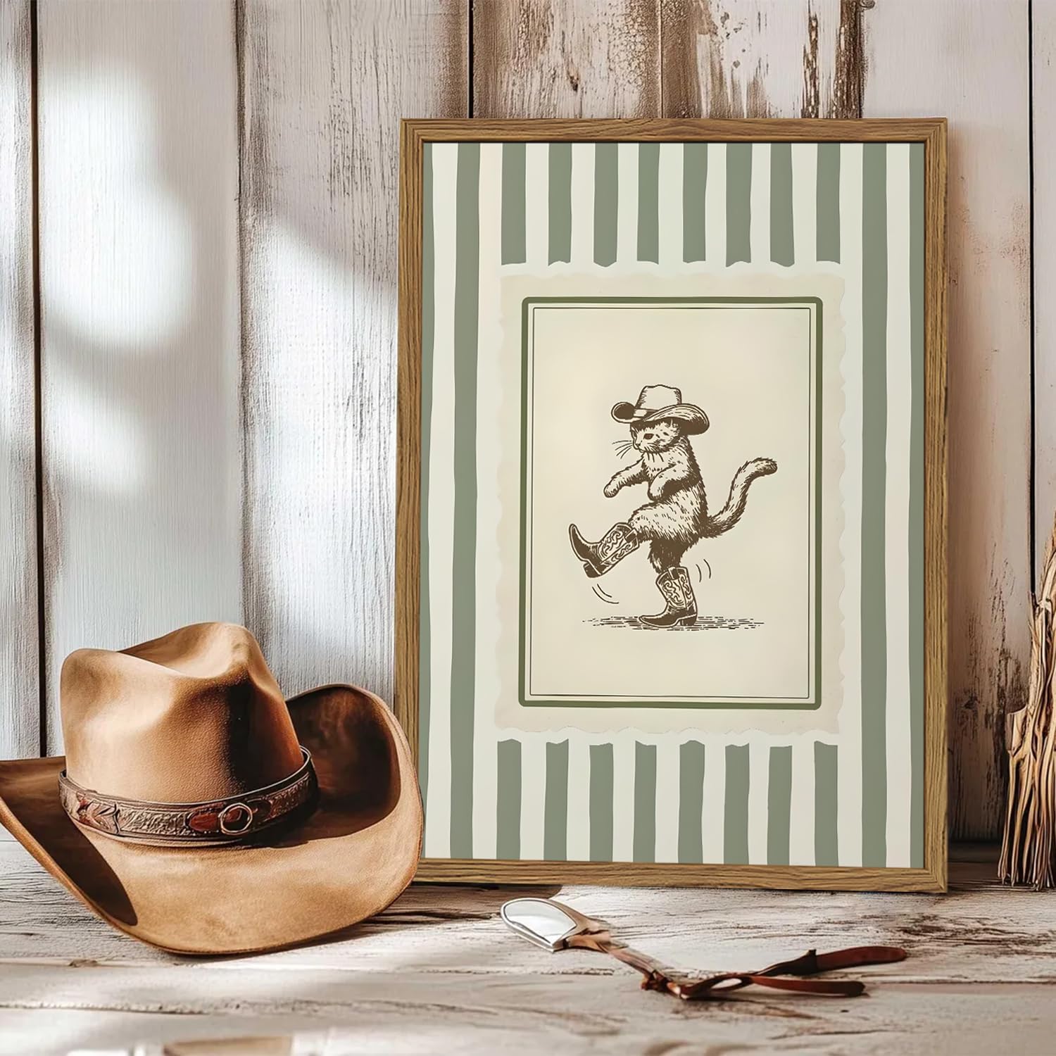 Funny Western Cowboy Cat Wall Art Cute Cat in Boots Decor Painting Vintage Southwest Sage Green Striped Animal Cowboy Poster Canvas Print for Living Room Bedroom 12x16 inch Wood Framed image 5