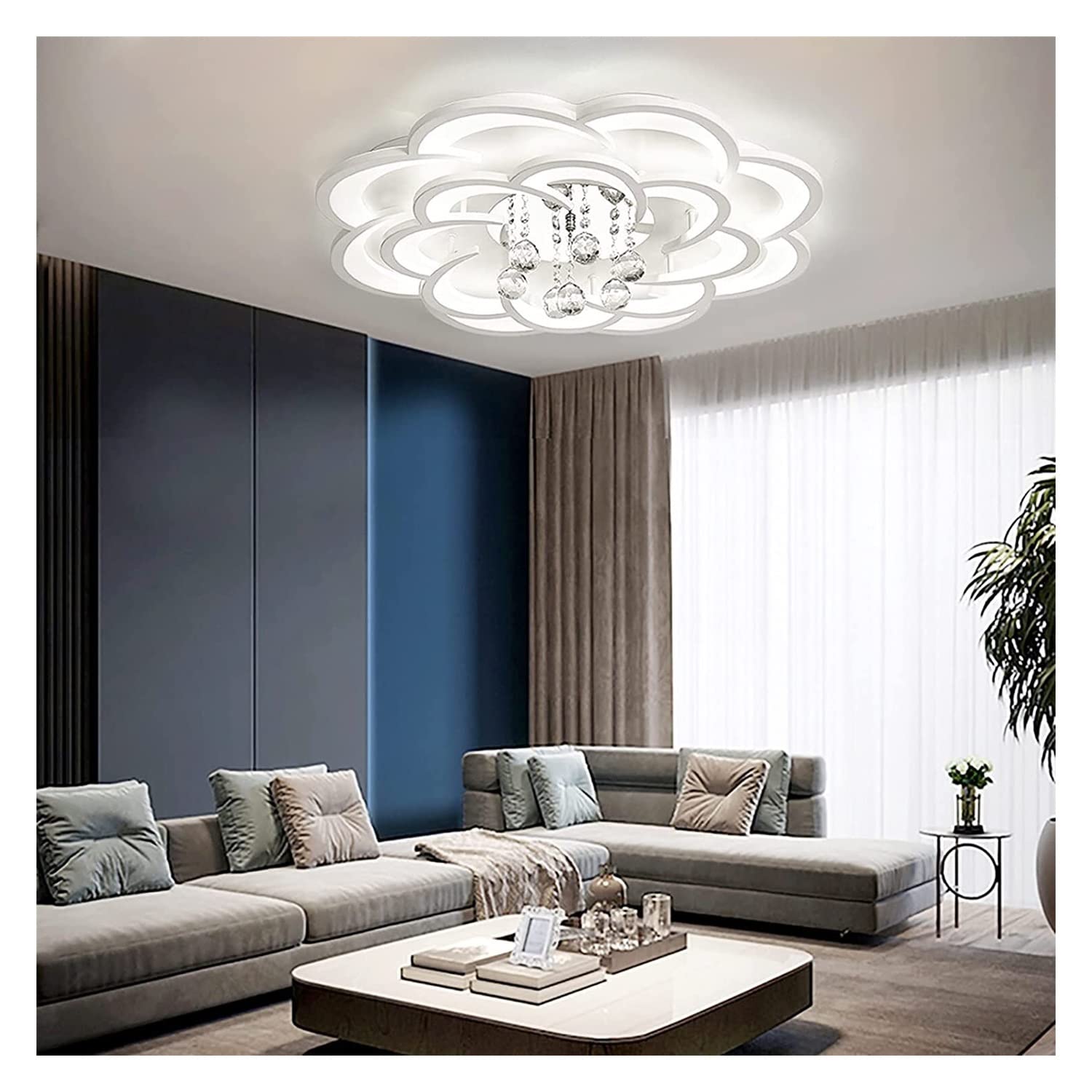 Nowoczesna lampa sufitowa LED w kształcie kwiatu, z elementami akrylowymi i kryształowymi, do zabudowy sufitowej, idealna do salonu, jadalni lub sypialni.