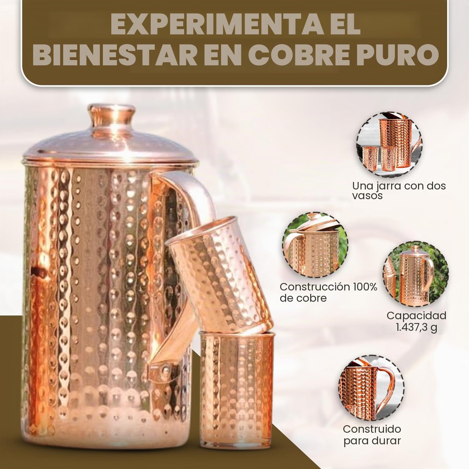 Jarra de agua de cobre con tazas de cobre | 1.5 L (50 oz), marrón, beneficios para la salud del Ayurveda