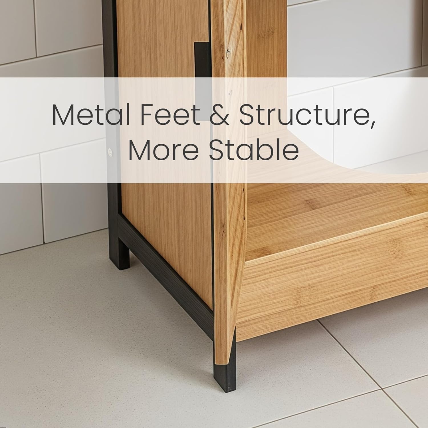 24" Bamboo Pedestal Under Sink Storage Vanity Cabinet, Solid Waterproof Sliding Door Bathroom Organizer with Adjustable Shelf, Modern Bathroom Furniture(for Floor Drain)