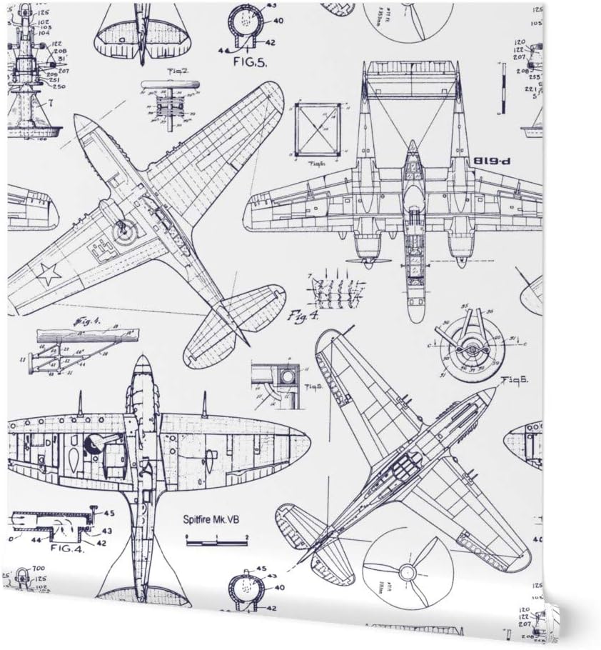 Spoonflower Peel & Stick Wallpaper 6ft x 2ft - Airplane Blueprints Aviation Flight Mechanical Black Gray Engineering Custom Removable Wallpaper