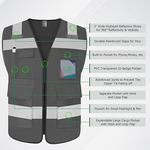 Miniatura 8 de TCCFCCT Chaleco de seguridad reflectante de alta visibilidad con 5 bolsillos con cremallera, chaleco de trabajo Hi Vis, con tira horizontal para
