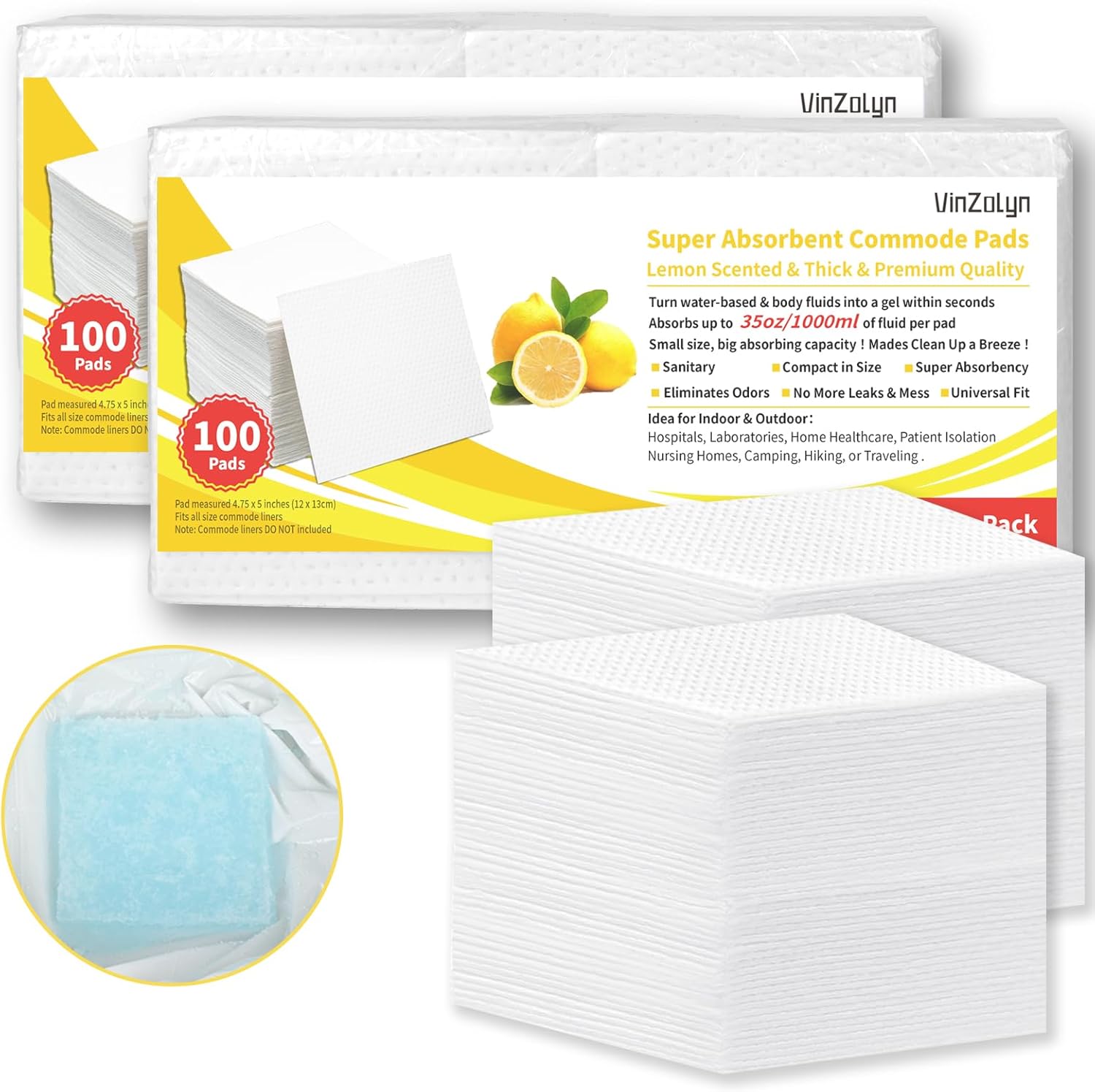 Super Absorbent Commode Pads, Value Pack 200 PCS Commode Pads for Bedside Commode Liners, Medical Grade, Easy for Seniors & Disabled, Caming, Lemon Scented (200)