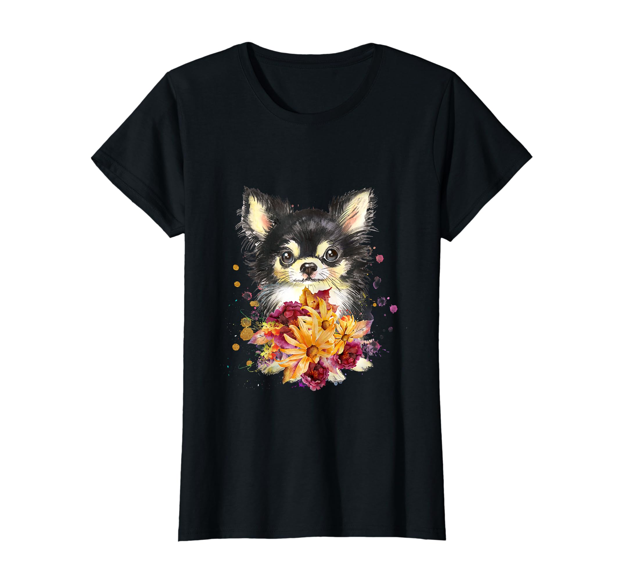 Cute Chihuahua Puppy Flowers And Splatter Chihuahua Dog T-Shirt, Black, Female X-Small