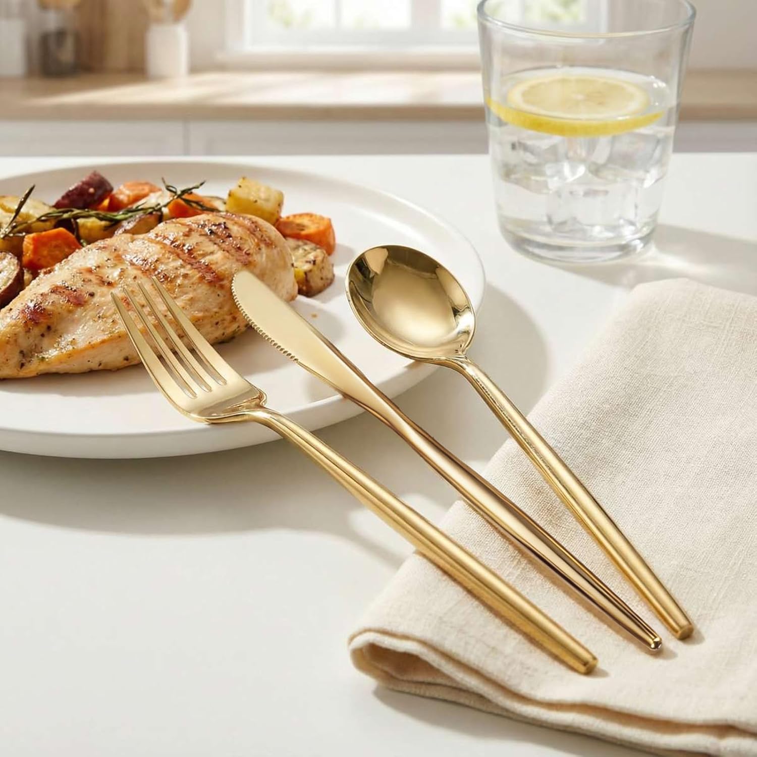 Rubtlamp 90Pcs Gold Plastic Silverware, Gold Disposable Utensils, Plastic Cutlery Include 30 Plastic Knives, 60 Forks and Spoons, Fancy Plastic Silverware Heavy Duty for Party