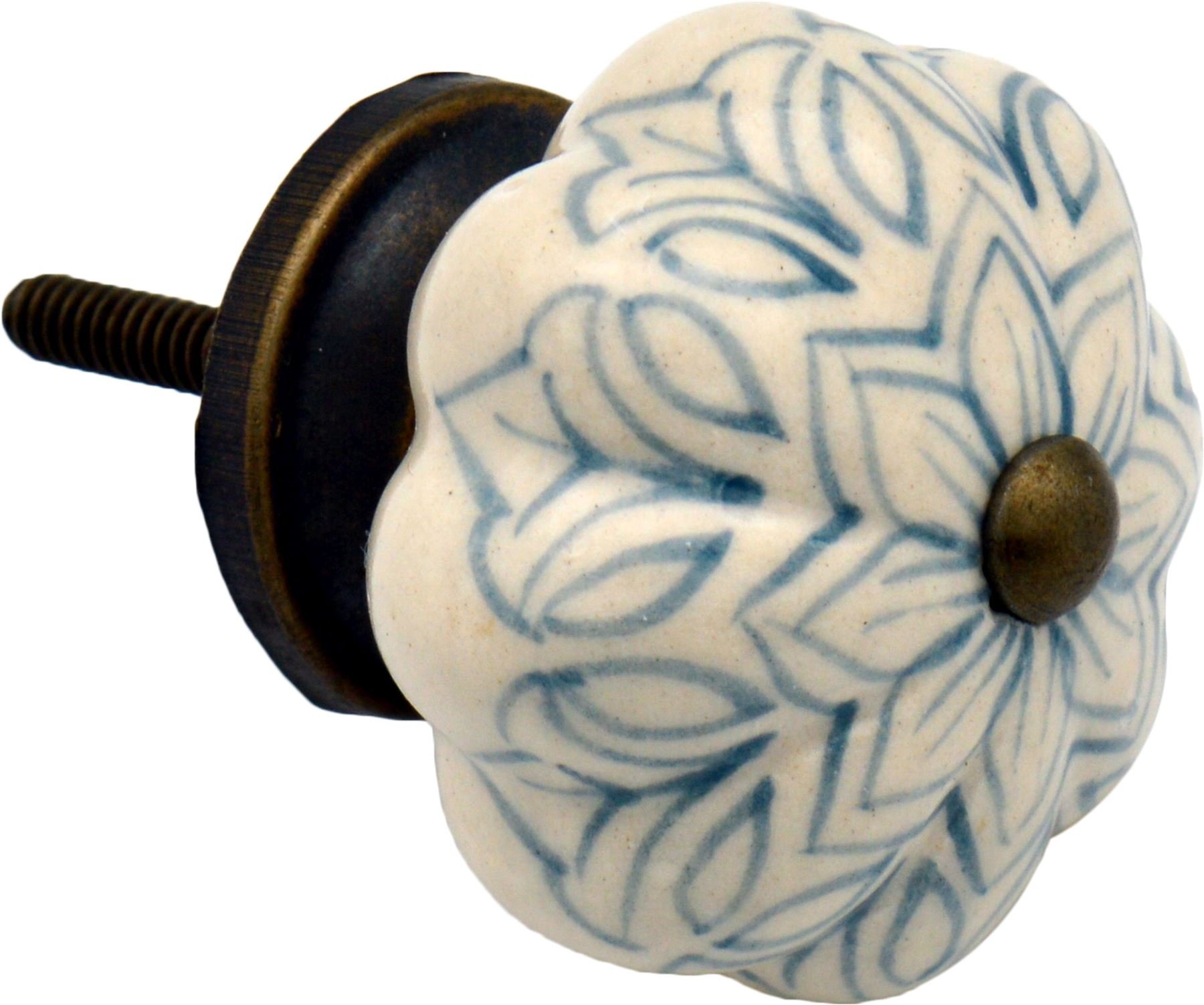 Nicola Spring Ceramic Cupboard Drawer Handle Knob - Vintage Flower Design - Grey/Blue
