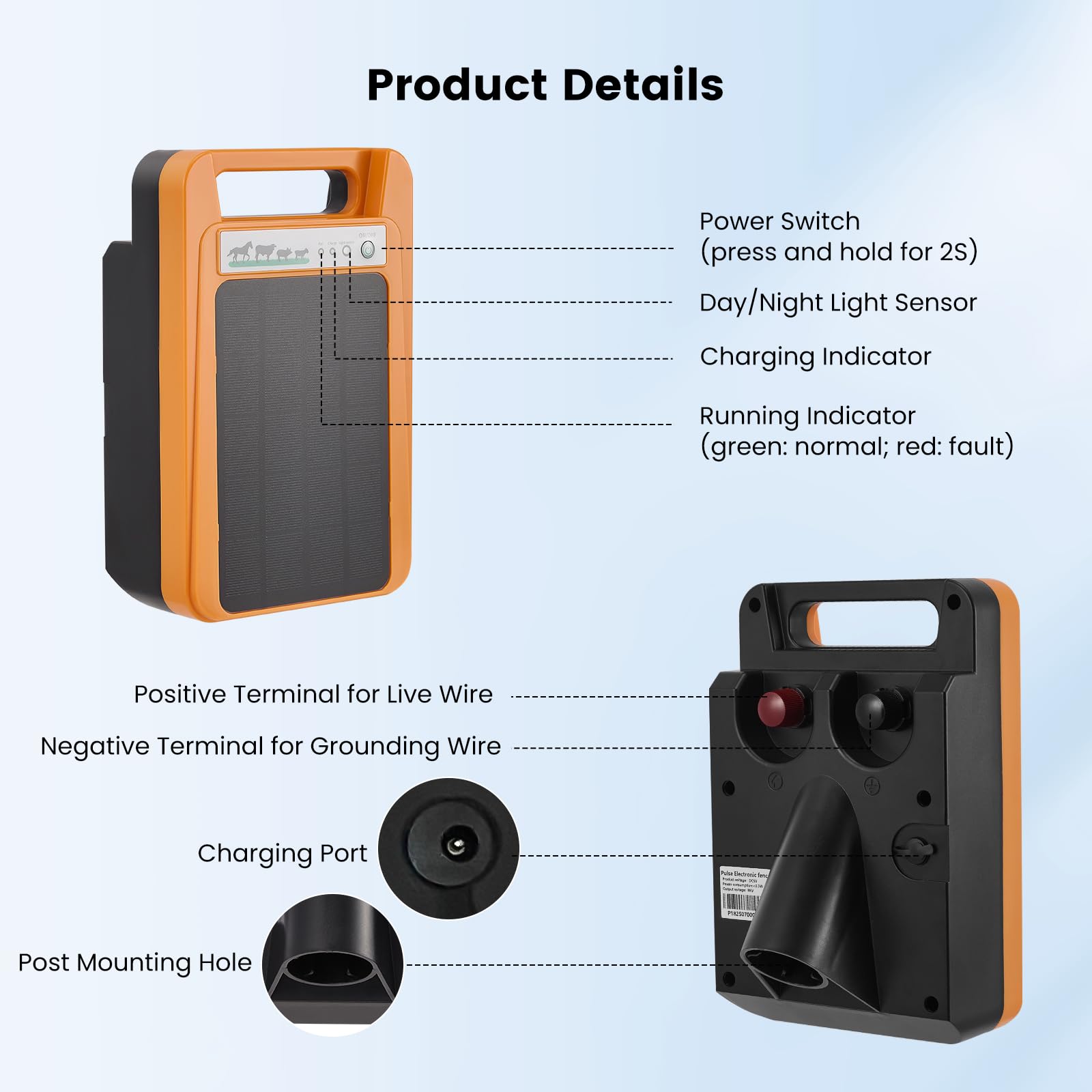 Elettrificatore per recinzioni elettriche con portata di 10 km, potenza di uscita di 1,5-2 J per bestiame e animali domestici, alimentazione trivalente (230 V/12 V/solare), impermeabile IP45