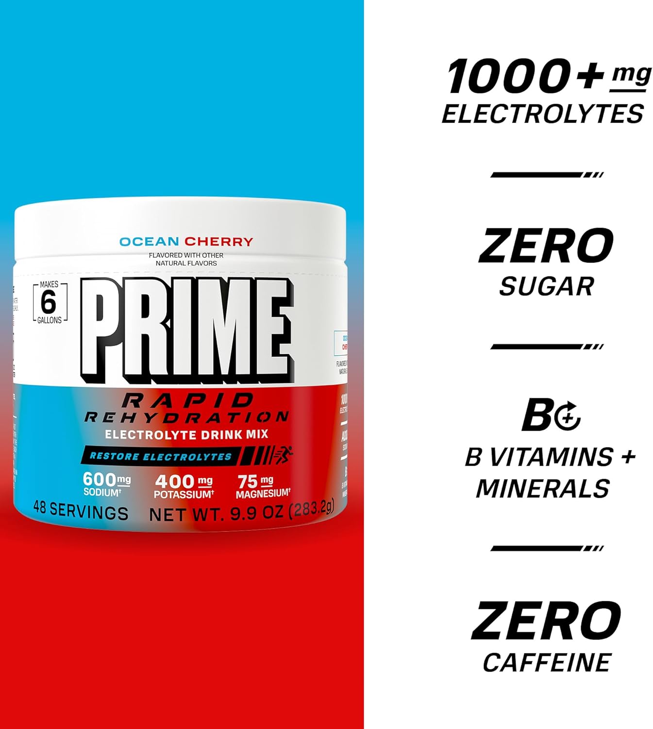 Prime Rapid Rehydration Electrolyte Powder, Ocean Cherry, Sugar Free Hydration Drink Mix with Sodium, Potassium, Magnesium & B Vitamins to Replenish Fluids, Caffeine Free, 6 Gallon Tub, 48 SRV