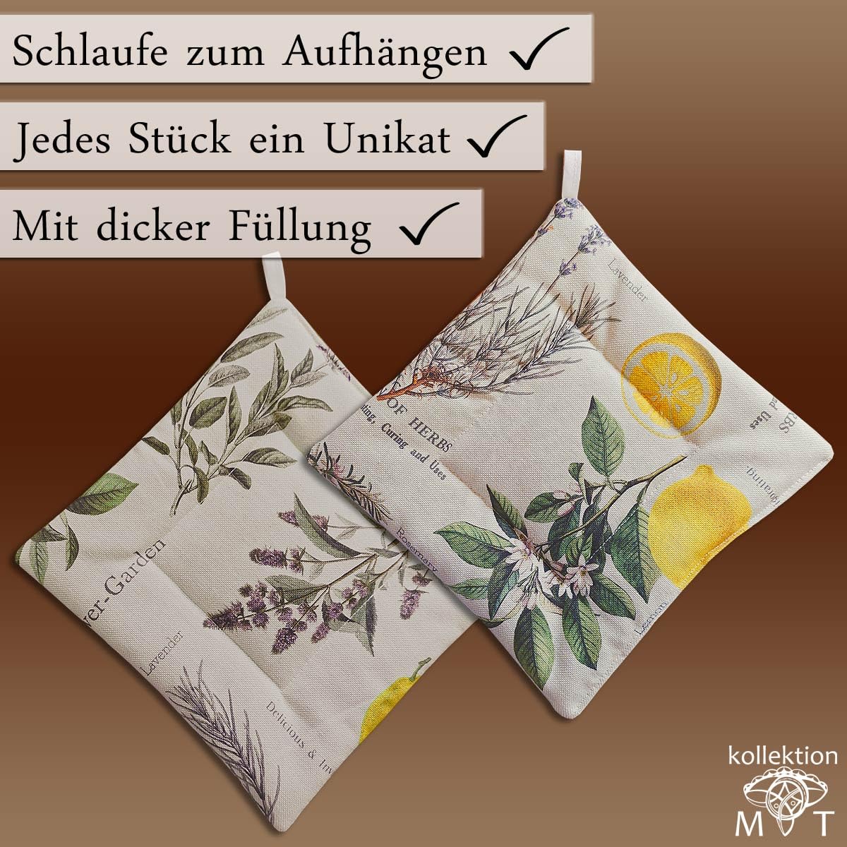 Topflappen Kräutercharme Liora – hochwertiger Hitzeschutz im 2er Pack | dick gefütterter Untersetzer mit Zitronen und Küchen-Kräutern | 2 quadratische Küchenhelfer in Leinen-Optik