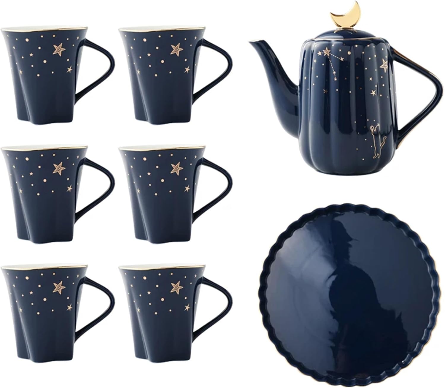 "Starry Moon"Ceramic Tea Set with Tea pot, HCSSADE CREATION Coffee Cup Set with 6oz Cups,Afternoon Tea Time Serving (Blue)
