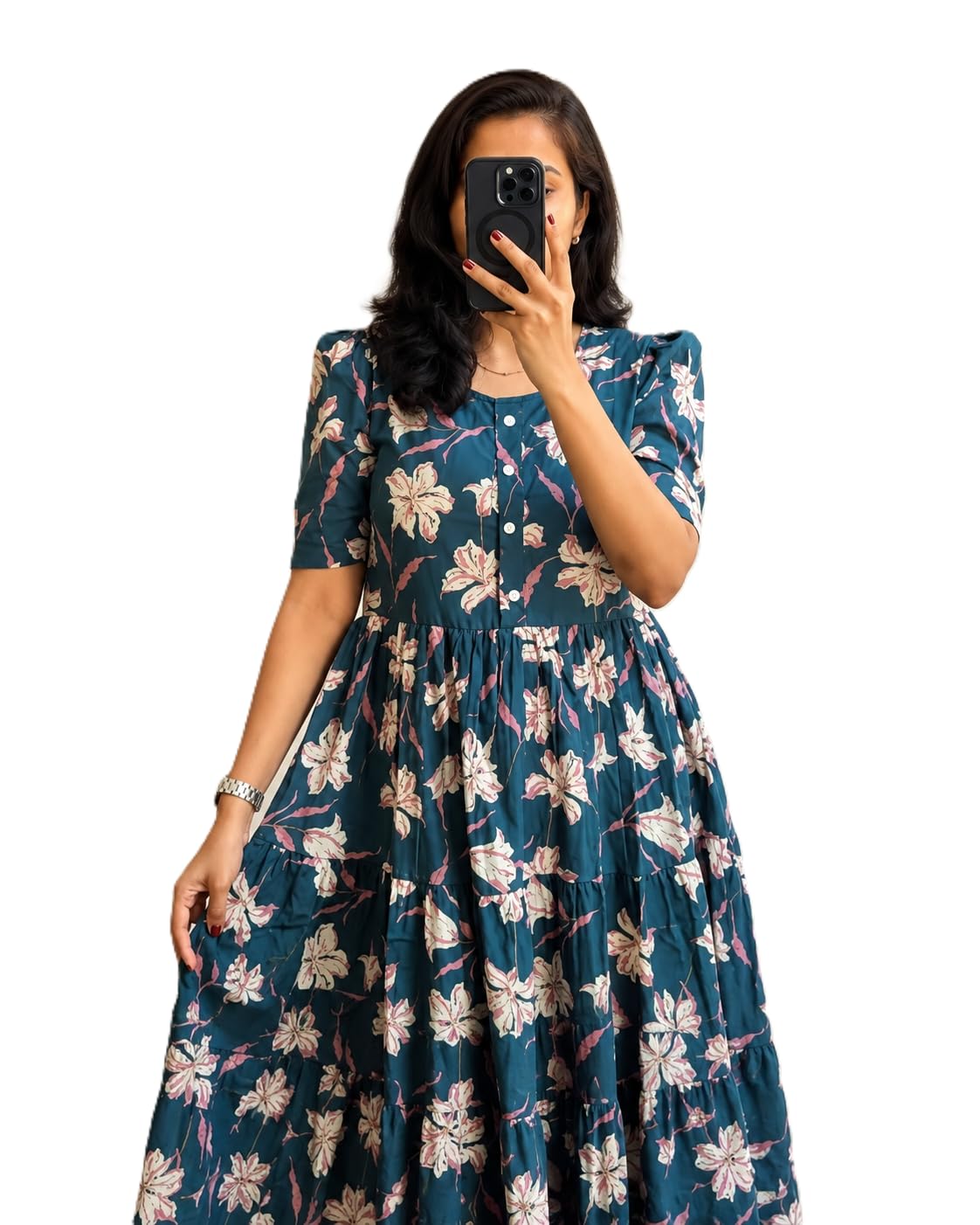 Women's Rayon A-Line Midi Dress, Floral Print, Short Sleeves, Tiered Design, Round Neck, for Summer Wear-picture-28