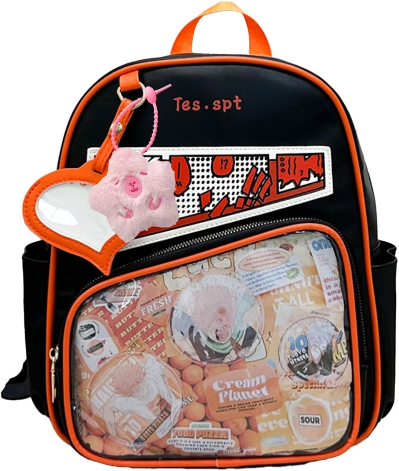Kawaii Ita Bag Anime Y2K Large Capacity Backpack Waterproof Travel Sport Bag with Plush Charm DIY Transparent Window (Orange)