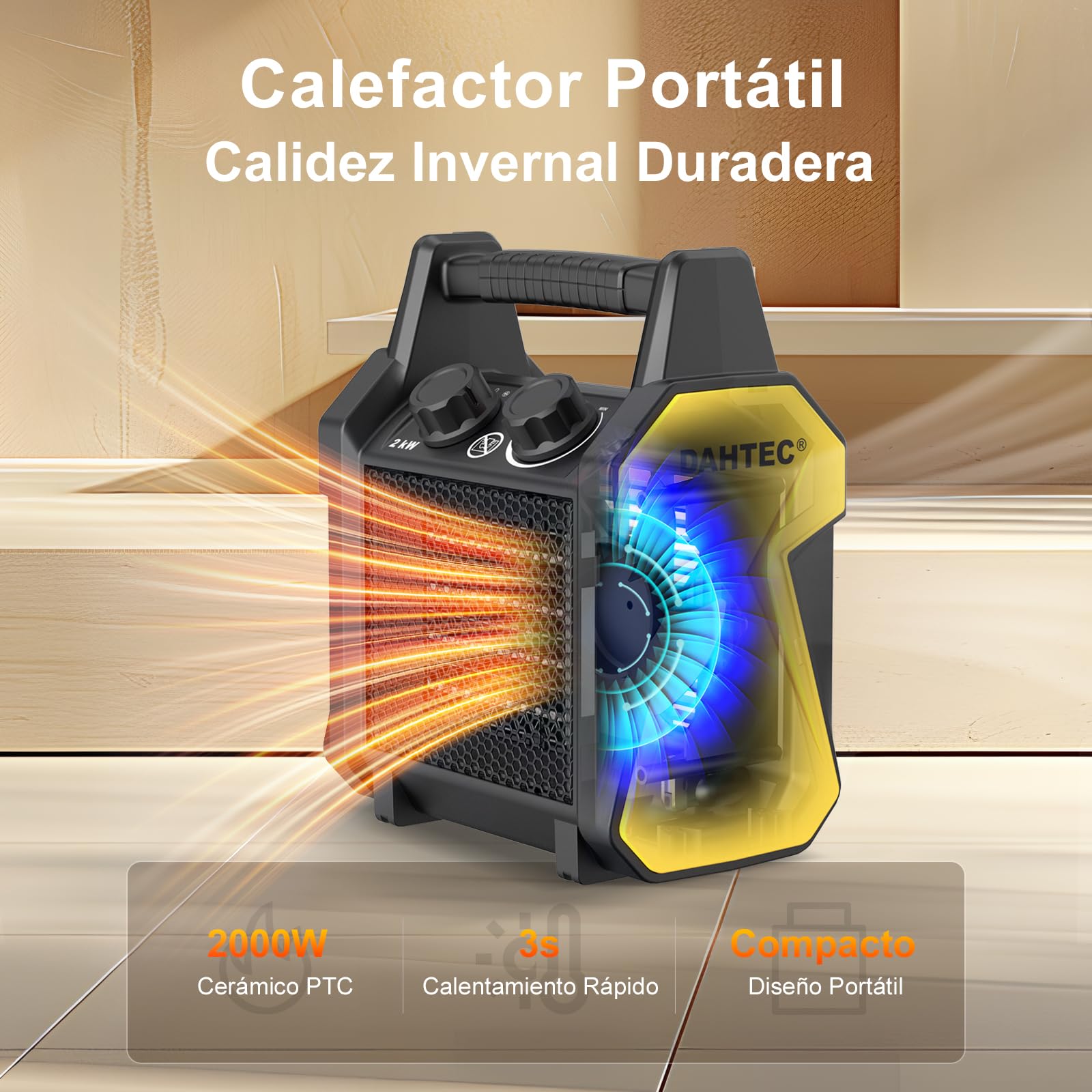 Calefactor Bajo Consumo 2000W - Ceramico Aire Caliente - Protección Antivuelco & Termostato - Apto para Hogares, Baños