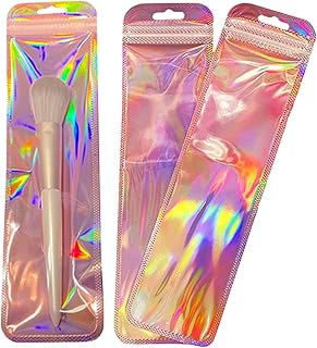 FERENLI 100 Pcs (Usable Size 1.8x4.7 inch) Resealable Holographic Pen Bags with Hang Hole Clear Plastic Pouch Packaging Bag for Small Business Party Favor Jewelry Brushes Craft Supplies