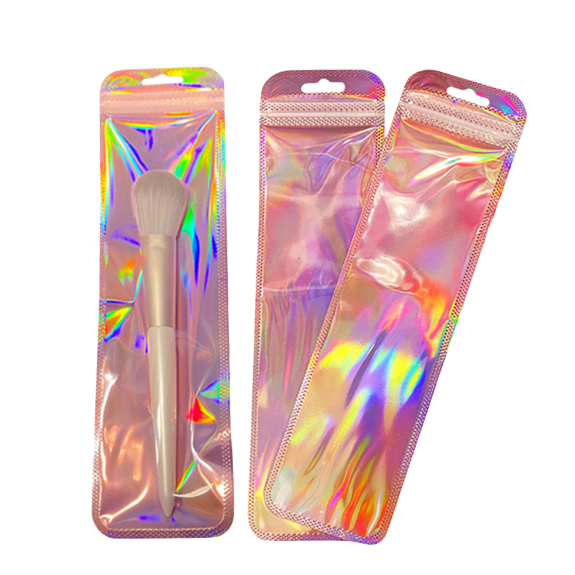 WACCOMT Pack Resealable Holographic Pen Bags for Small Business Party Favor Jewelry Cosmetic Pen Packaging Bags Zipper Lock Clear Plastic Pouches with Hang Hole Smell Proof (100, 3.3x7.3 inch)