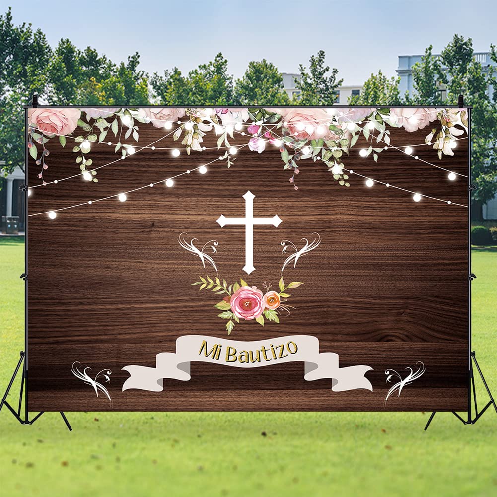 Tauf- & Erstkommunion-Hintergrund 2,1 X 1,5 M – Braun/rosa Design Mit Kreuz & Laternen, Aus Vinyl