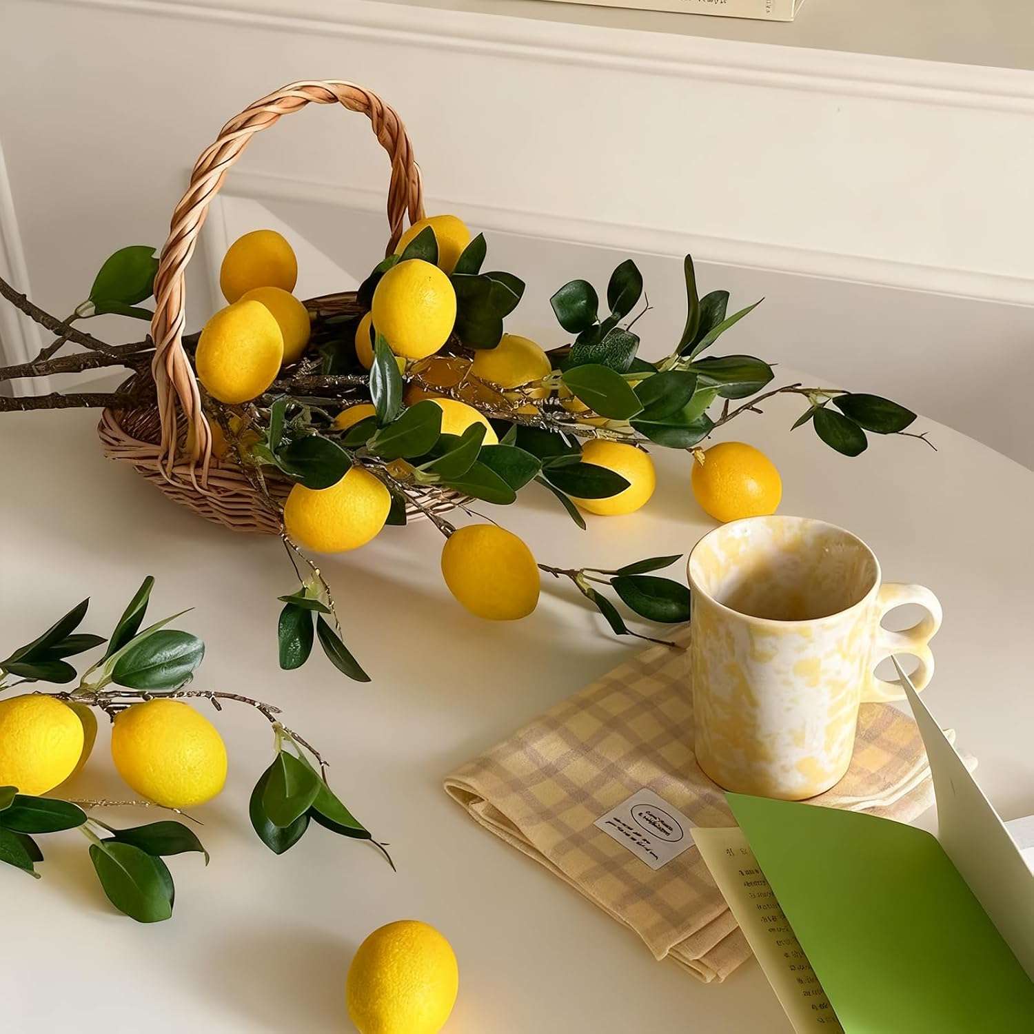 2 Bunches Artificial Lemon Stems, 12 Pcs Faux Lemon Fruit with Green Leaves, Fake Lemons Decor for Vase Filler, Kitchen Table Farmhouse Centerpiece Decor(LPLB-01)