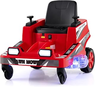 Costzon Ride on Lawn Mower for Kids, 12V Toddler Electric Car with 360° Twist and Turn, Dual Control Sticks, LED Lights, Outdoor Ride on Toy Gift for Boys & Girls Aged 3-8 (Red)