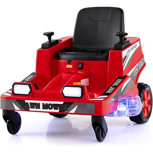 Costzon Ride on Lawn Mower for Kids, 12V Toddler Electric Car with 360° Twist and Turn, Dual Control Sticks, LED Lights, Outdoor Ride on Toy Gift for Boys & Girls Aged 3-8 (Red)