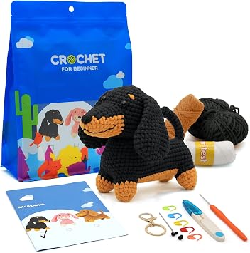Nikolle Crochet Kit for Beginners with Step-by-Step Video Tutorials Crochet Animal Kit Crochet Starter Kits for Adults Kids - DachshundBlack