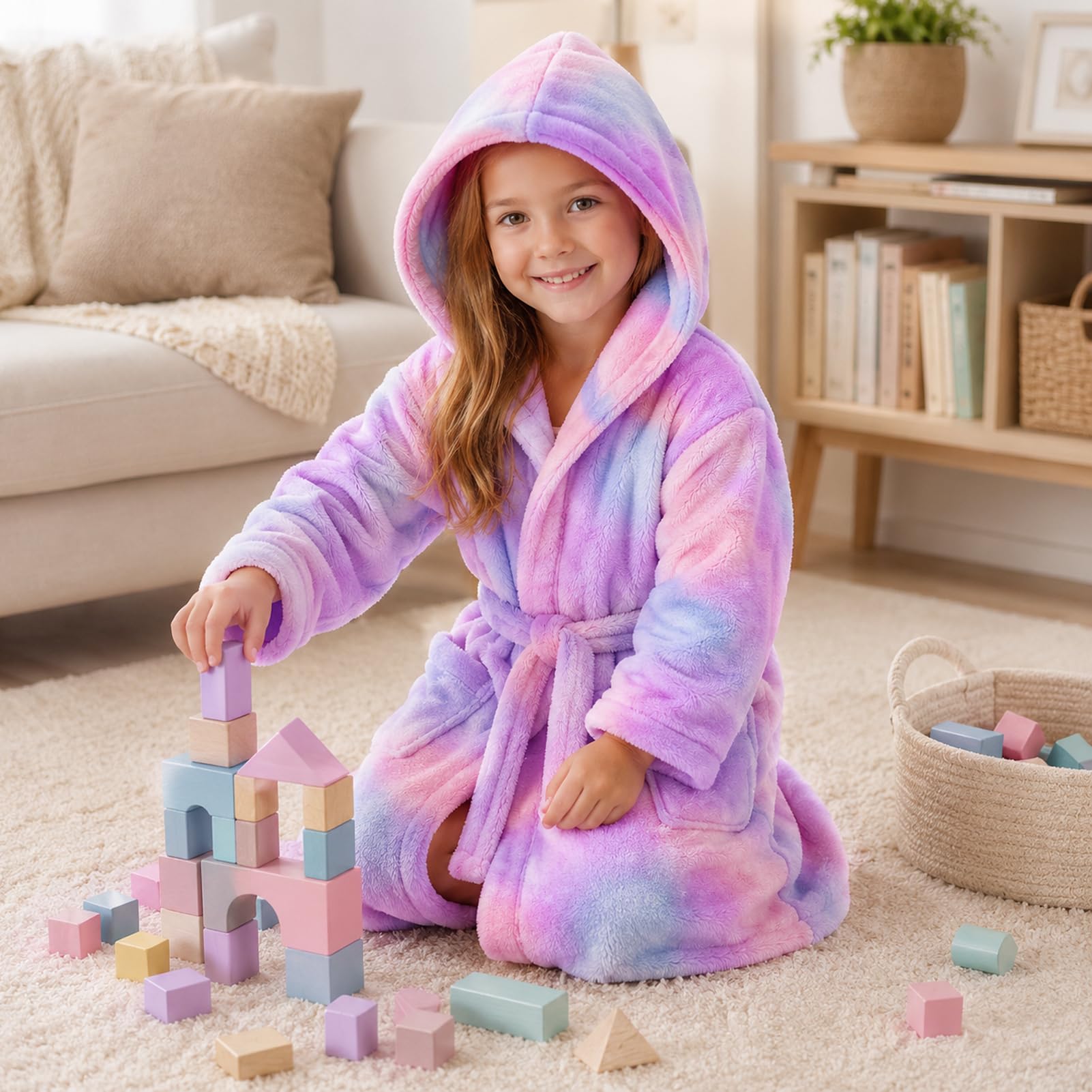 ACTLATI Plüsch-Bademantel mit Kapuze für Mädchen, volle Länge, weicher Fleece-Bademantel mit Gürtel und Taschen, langer Kindermantel für Mädchen im Alter von 3–13 Jahren