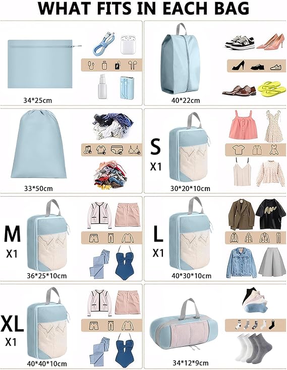 Compression Packing Cubes, 8pcs Travel Organisers