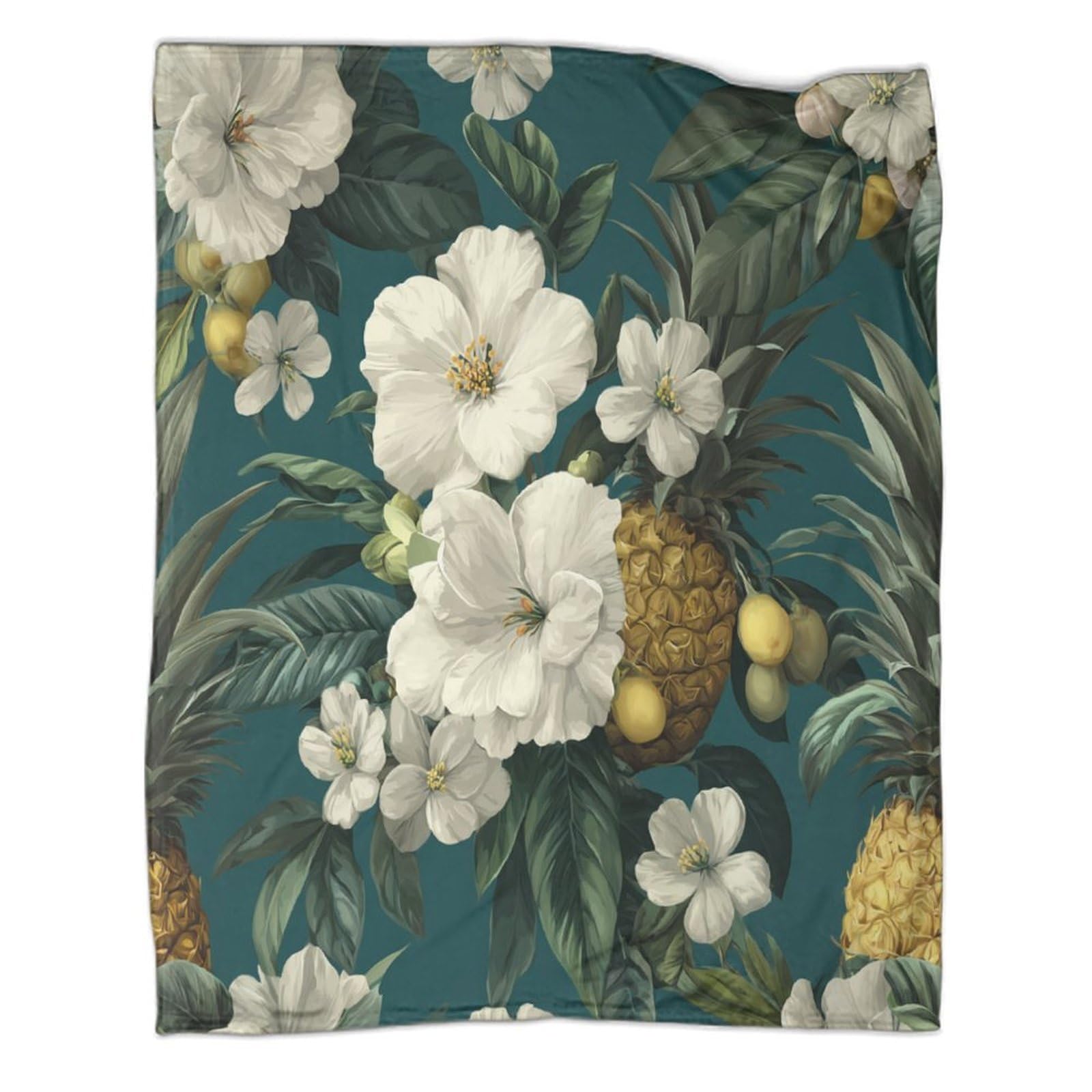 kaiyun White Tropical Flowers, Green Leaves And Pineapple Super Soft Blanket | Throws | Fluffy And Comfortable Travel Cover,50x60inch(127x152cm)