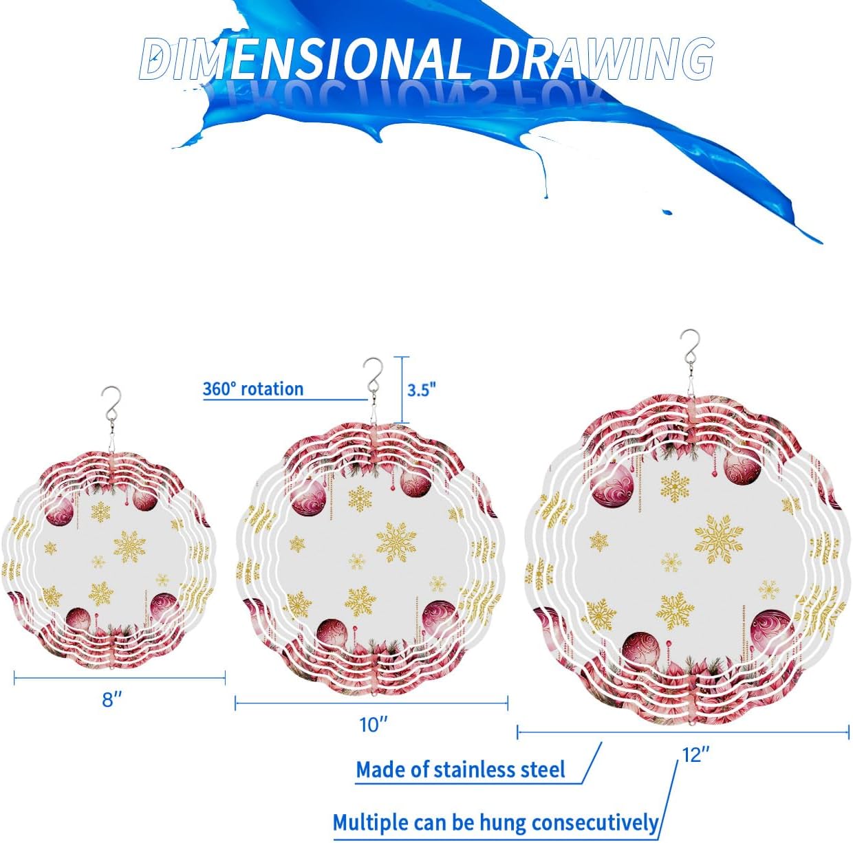Christmas Snowflake Wind Spinner 3D Stainless Steel, 12 Inch Double Sided Circle Hanging Wind Spinners, Blush Pink Xmas Balls Flowers Garden Art Wind Sculpture for Yard Porch Front Door
