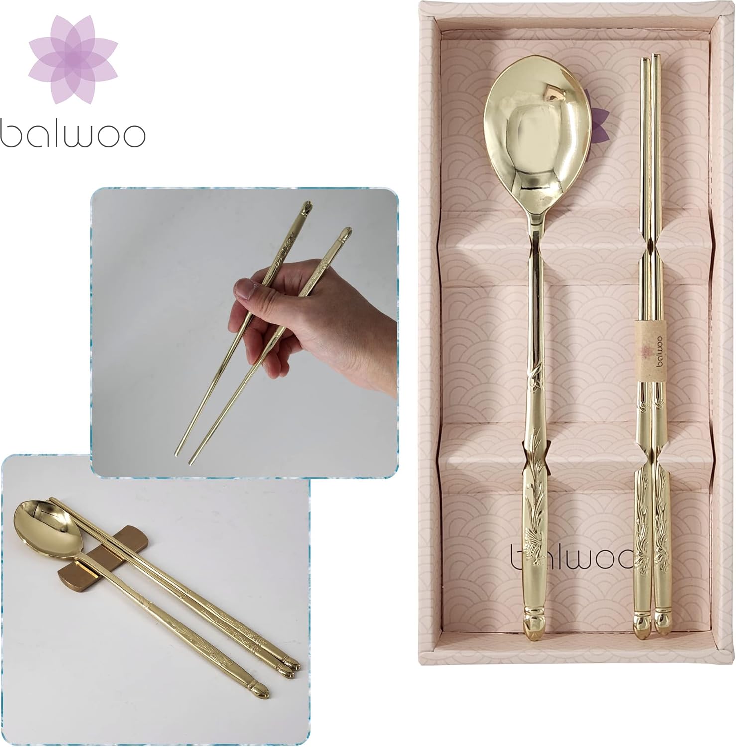 [Made in Korea] Korean Phoenix Design Sticky Rice Spoon Chopsticks Set Gold Titanium Plating 304 Stainless Steel Soup Spoon Ramen Noodle Chopsticks Flatware (1 Set)
