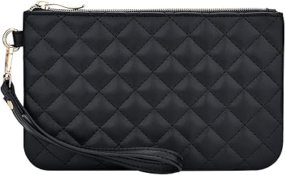 GAYI URBAN Quilted Wristlet Purse for Women, Vegan Leather Wristlet Pouch Zip Clutch Bag, Evening Clutch Purse with strap (Black)