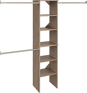 SuiteSymphony Wood Closet Organizer Starter Kit with Tower and 3 Hang Rods, Shelves, Adjustable, Fits Spaces 4 – 9 ft. Wide, Natural Gray