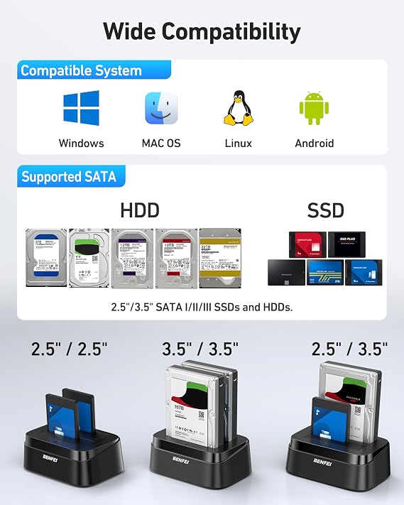 BENFEI Hard Drive Docking Station with UASP Offline Clone Function, USB C Dual Bay Dock for 2.5/3.5 HDD SSD, Up to 5Gbps | Tool Free Installation
