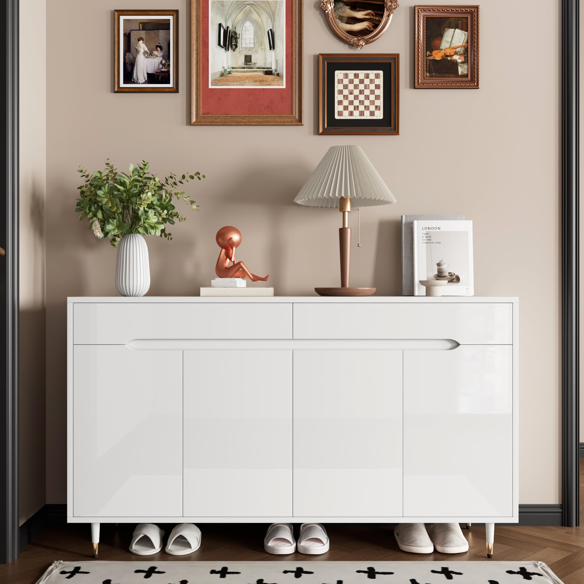 Zapatero moderno con dos puertas, dos cajones, estantes ajustables y patas doradas, espacio para 18-24 pares de zapatos, 140 x 39 x 84 cm (largo x ancho x alto)