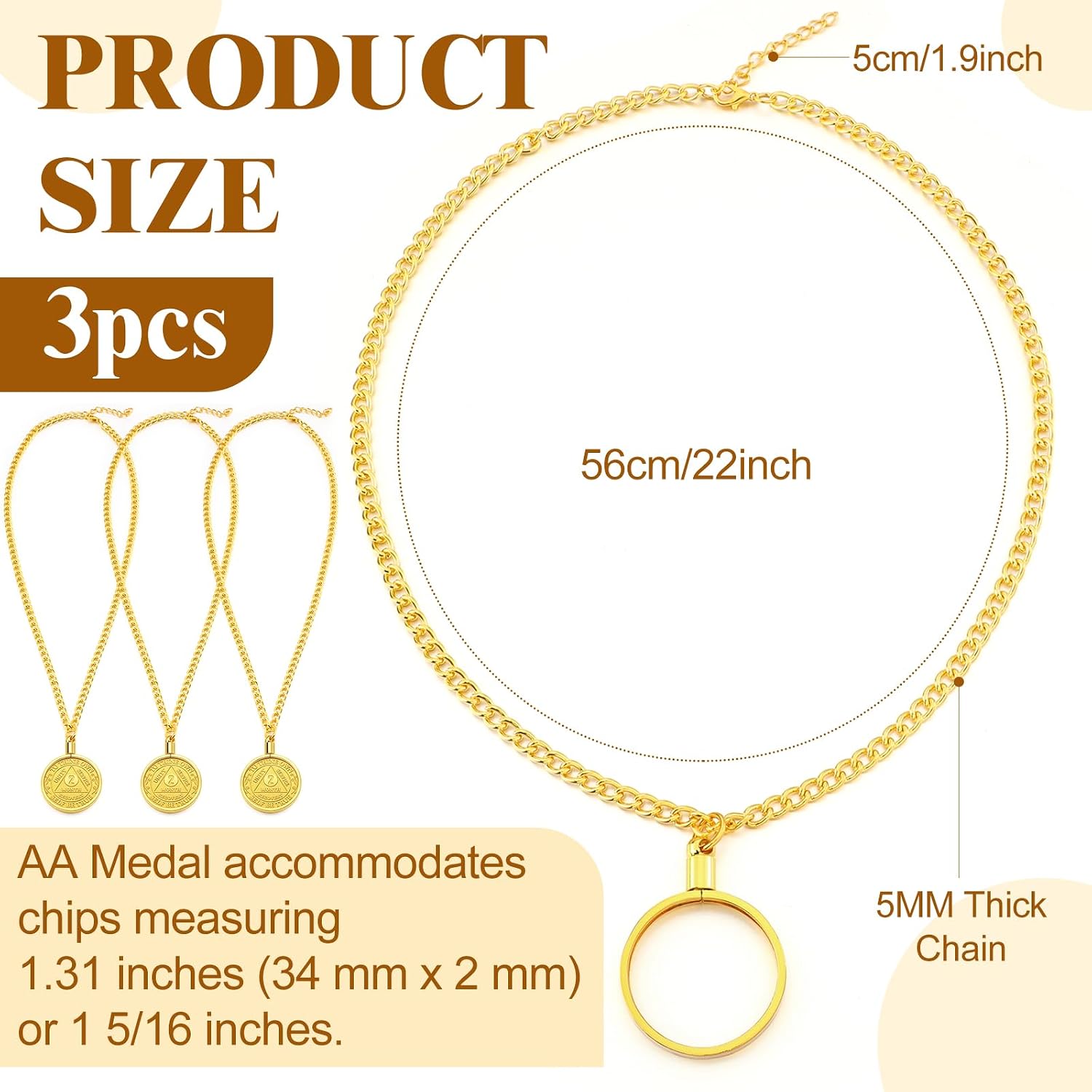 Kenning 3 Pcs AA Coin Holder Necklace Sobriety Coin Holder Necklace Gold Aa Chip Holders 22 Inch for 34 mm x 2 mm Sobriety Chips Necklaces Medallion Holders Key Chain Gift Set