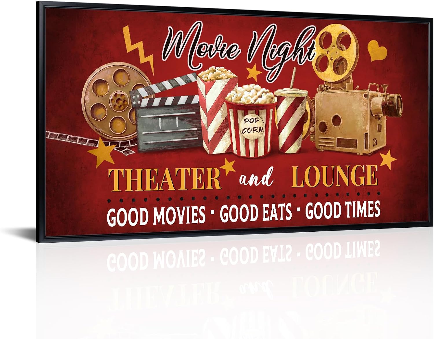 iLOOKLiKE Home Theater Wall Art Decor Movie Night Sign Canvas Prints Vintage Cinema Film Reel Popcorn Painting with Black Floater Frame for Media Studio Room 20"x40"