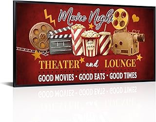 iLOOKLiKE Home Theater Wall Art Decor Movie Night Sign Canvas Prints Vintage Cinema Film Reel Popcorn Painting with Black Floater Frame for Media Studio Room 20"x40"