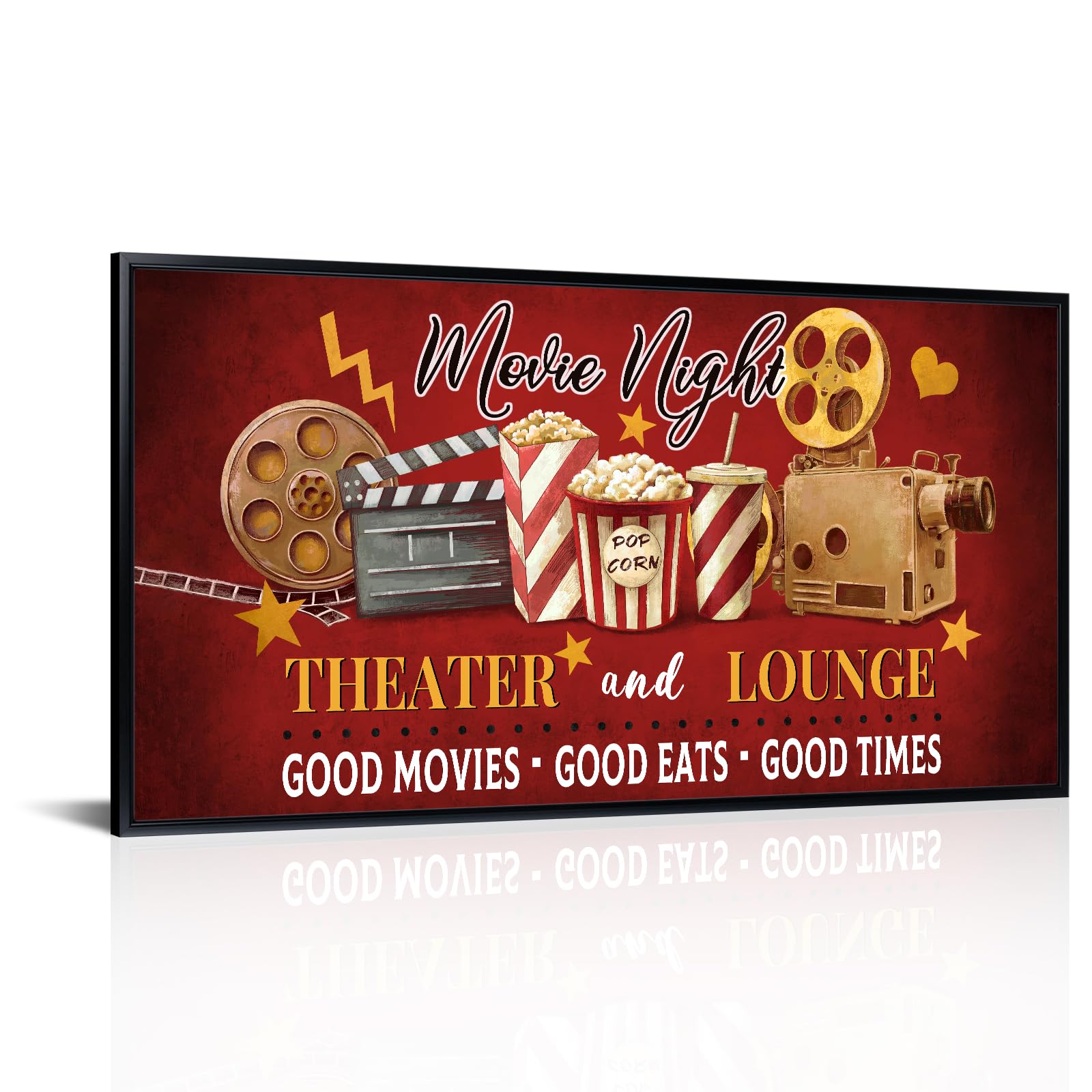 iLOOKLiKE Heimkino-Wandkunst, Dekoration, Filmnacht, Leinwanddrucke, Vintage-Kino-Filmspule, Popcorn-Malerei mit schwarzem Floaterrahmen, für Media-Studio, Zimmer, 50,8 x 101,6 cm