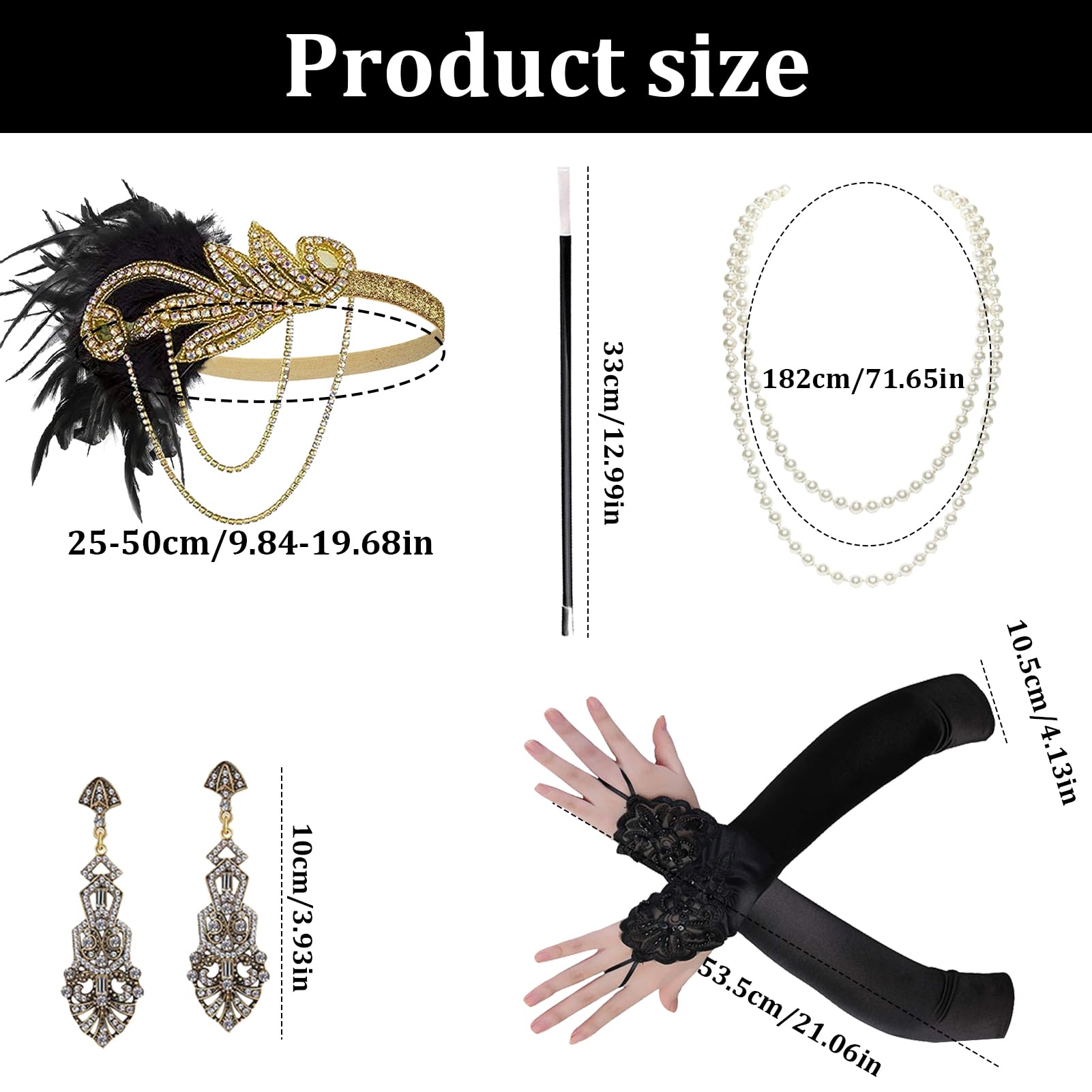 1920s Accessories Women,Great Gatsby Women's Accessories Vintage Set Includes Long Gloves,Earrings,Pearl Necklace,Feather Gold Headband,Smoking Pipe,Flapper Accessories Perfect for Masquerade Party - Image 2